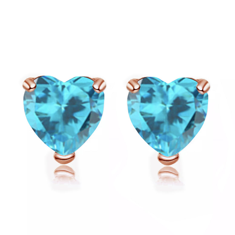 14k Rose Gold Plated 3 Carat Heart Created Blue Topaz Sapphire Stud Earrings