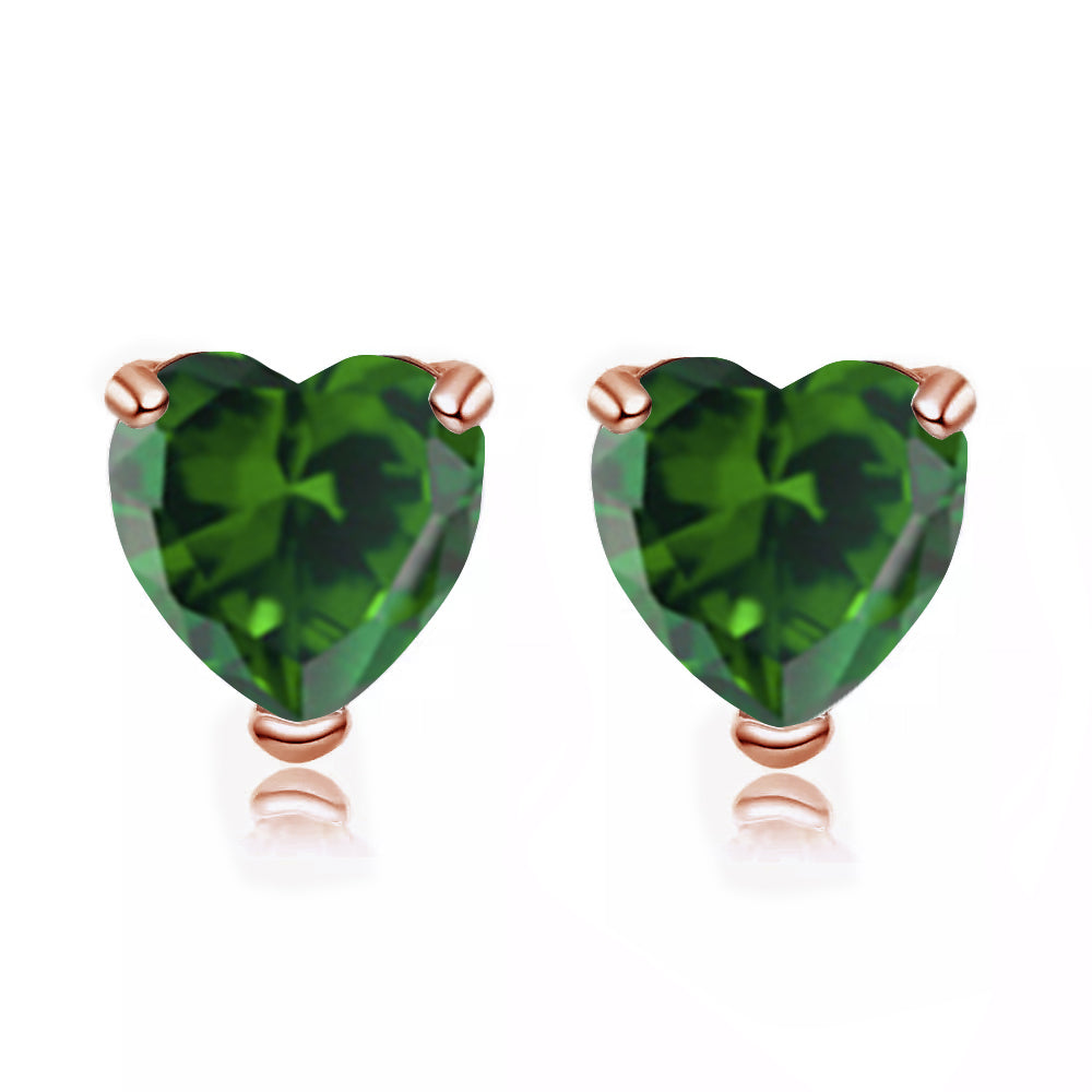 14k Rose Gold Plated 2 Carat Heart Created Emerald Stud Earrings