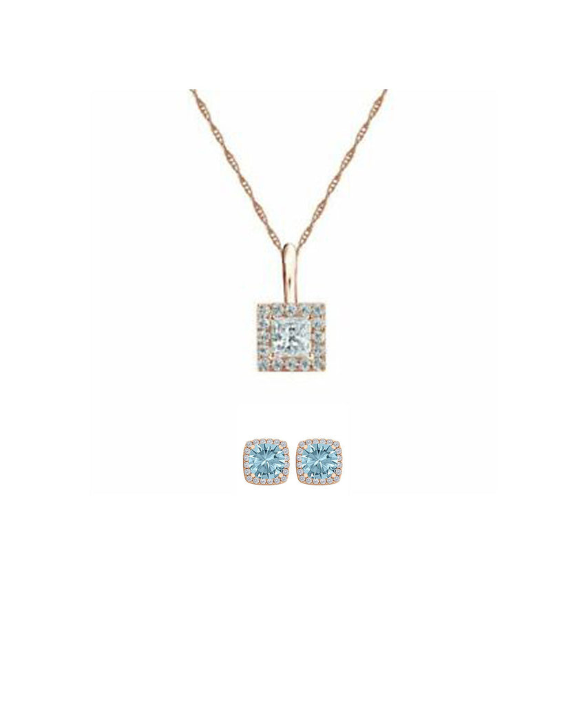 18K Yellow Gold 3ct Halo Aquamarine Square 18 Inch Necklace and Halo Earrings Set Plated