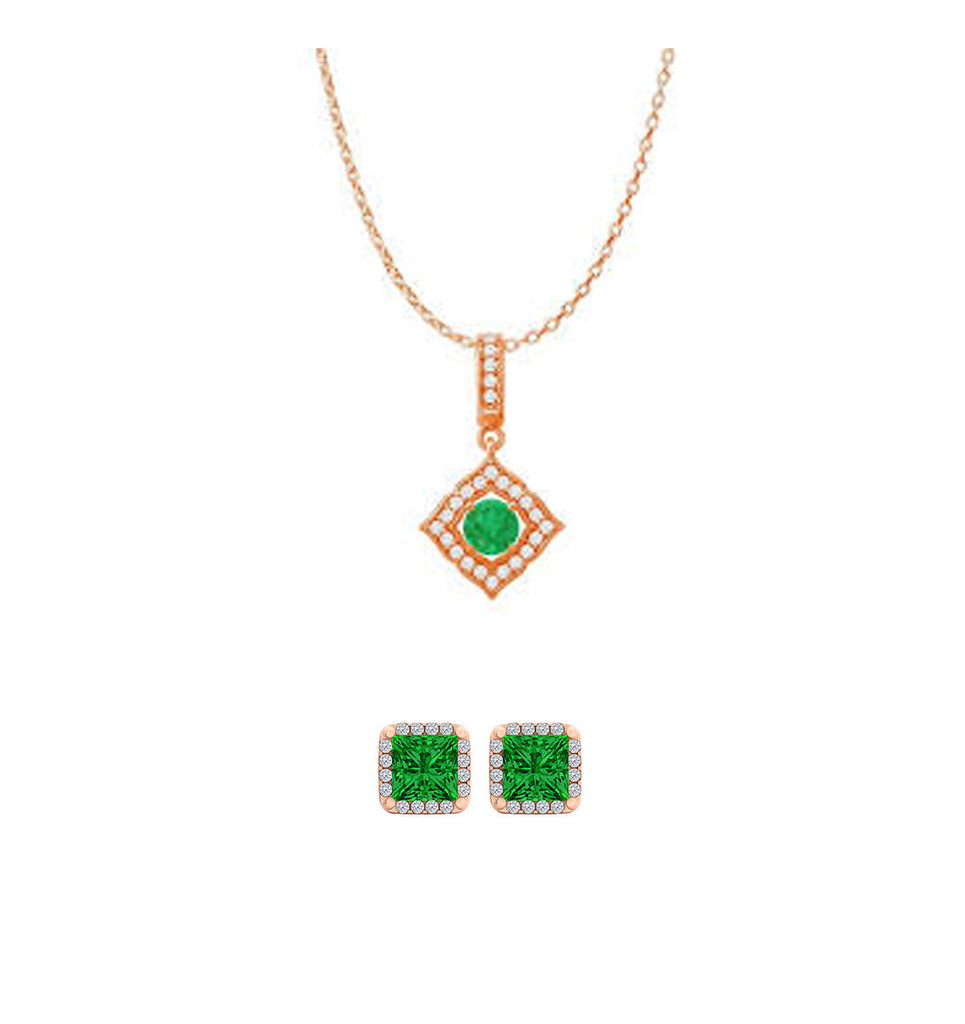 18K Rose Gold 3ct Halo Emerald Square 18 Inch Necklace and Halo Earrings Set Plated