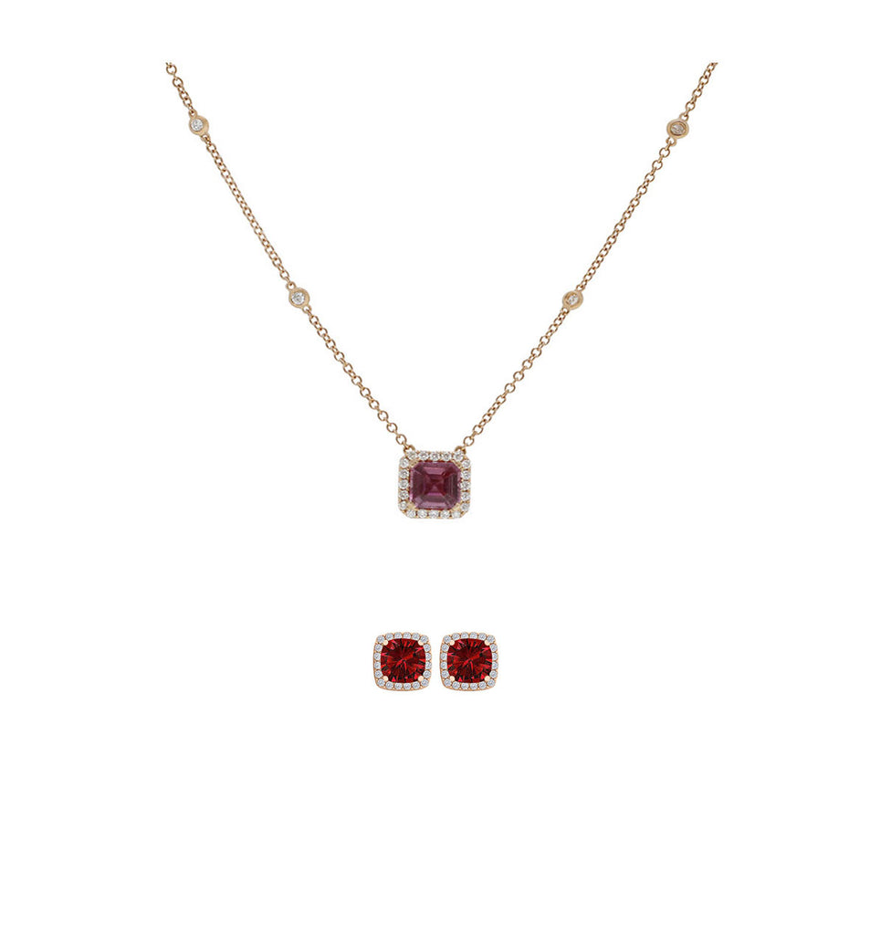 18K Rose Gold 2ct Halo Ruby Square 18 Inch Necklace and Halo Earrings Set Plated