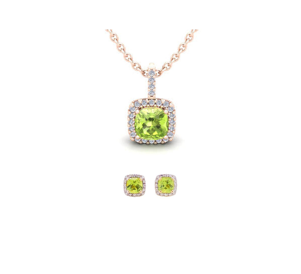 18K Rose Gold 3ct Halo Peridot Square 18 Inch Necklace and Halo Earrings Set Plated