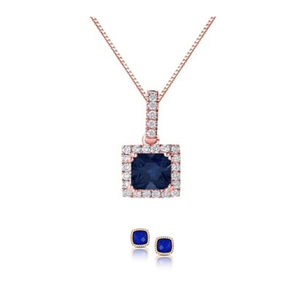 18K Rose Gold 1/2ct Halo Blue Sapphire Round 18 Inch Necklace and Square Halo Earrings Set Plated