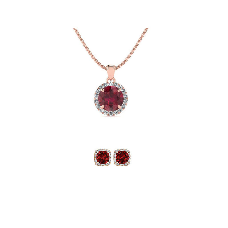 18K Rose Gold 1ct Halo Ruby Round 18 Inch Necklace and Halo Square Earrings Set Plated