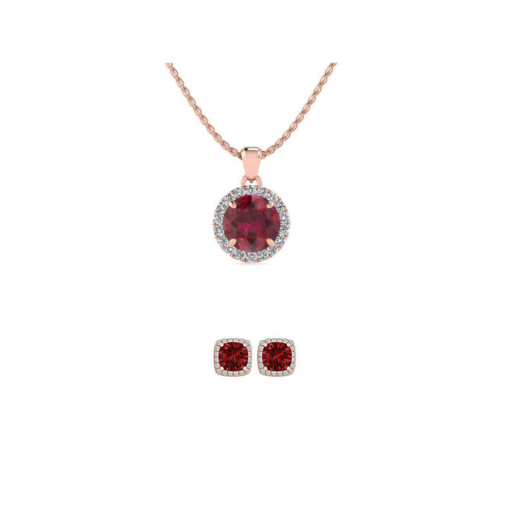 18K Rose Gold 1/2ct Halo Ruby Round 18 Inch Necklace and Halo Square Earrings Set Plated