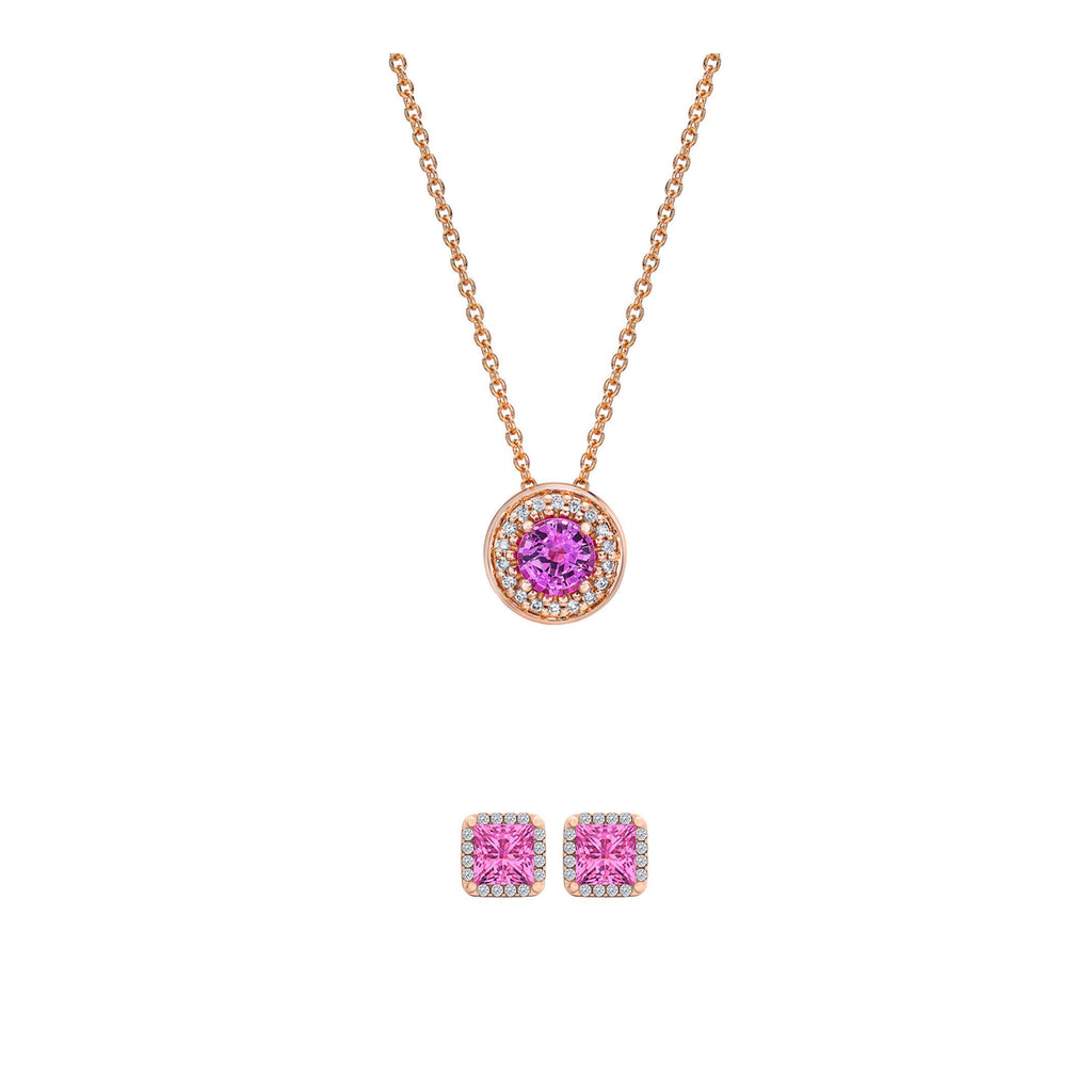 18K Rose Gold 1ct Halo Pink Sapphire Round 18 Inch Necklace and HaloSquare Earrings Set Plated
