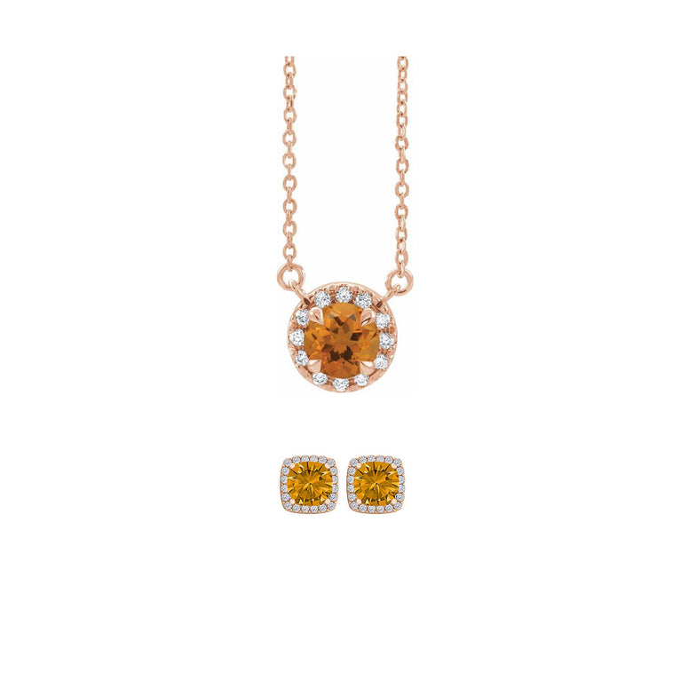 18K Rose Gold 1ct Halo Citrine Round 18 Inch Necklace and Halo Square Earrings Set Plated