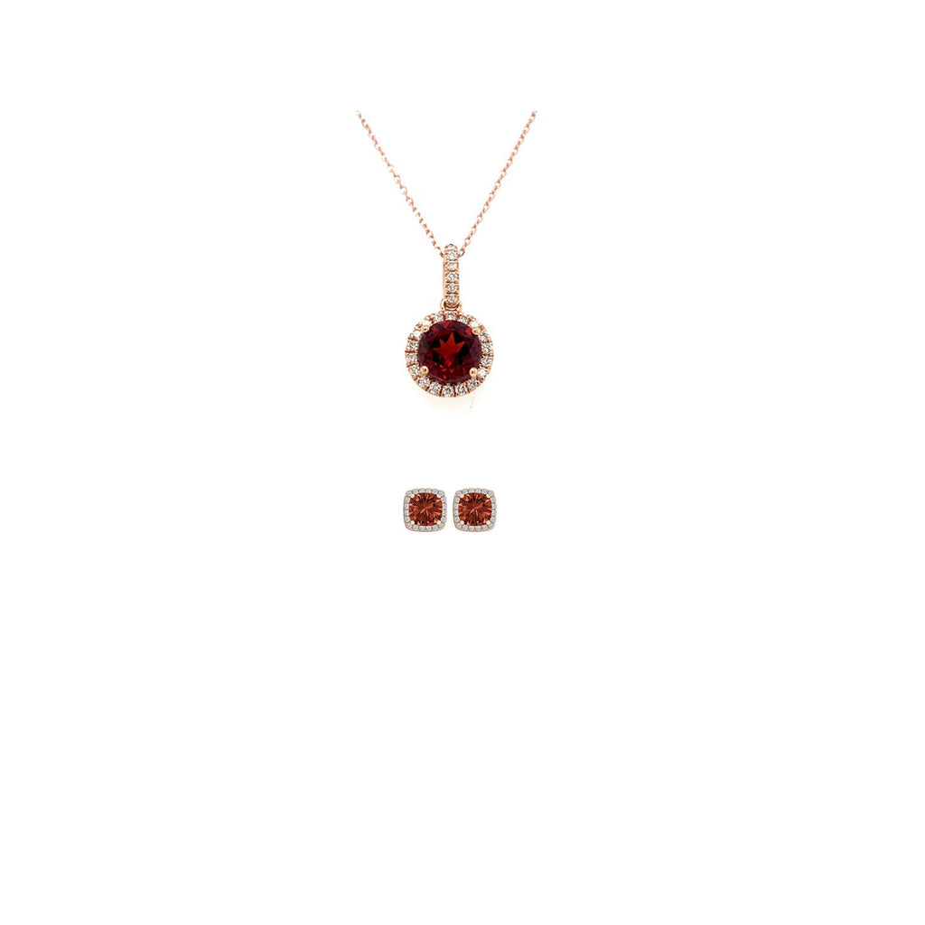 18K Rose Gold 3ct Halo Garnet Round 18 Inch Necklace and Halo Square Earrings Set Plated