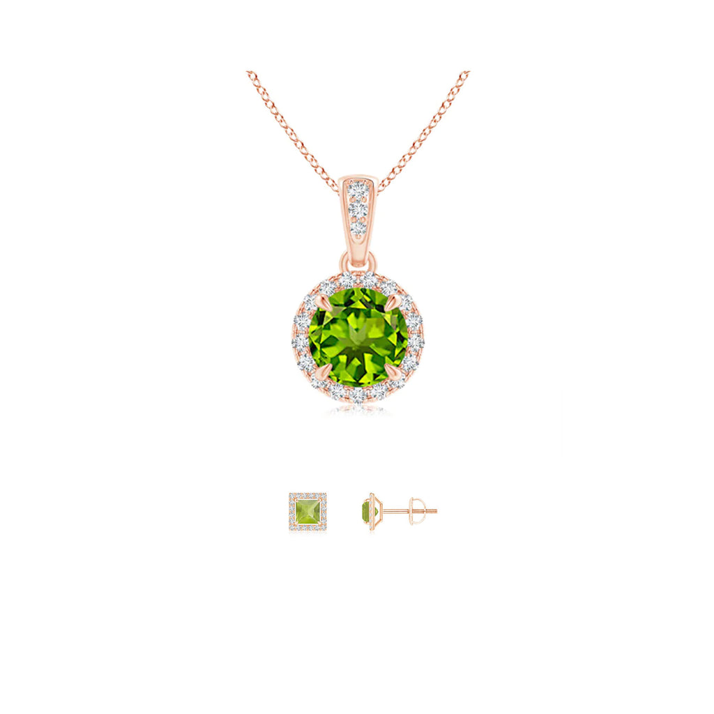18K Rose Gold 3ct Halo Peridot Round 18 Inch Necklace and Halo Square Earrings Set Plated