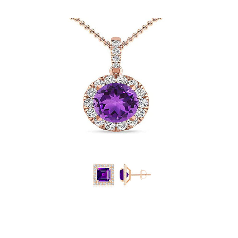 18K Rose Gold 1ct Halo Amethyst Round 18 Inch Necklace and Halo Square Earrings Set Plated