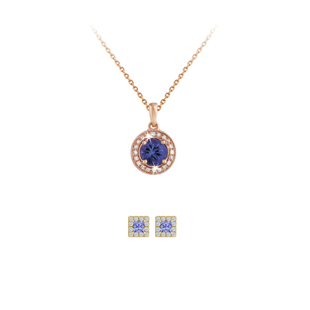 18K Rose Gold 4ct Halo Tanzanite Round 18 Inch Necklace and Halo Square Earrings Set Plated