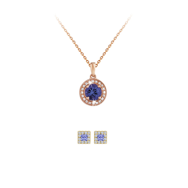 18K Rose Gold 1ct Halo Tanzanite Round 18 Inch Necklace and Halo Square Earrings Set Plated