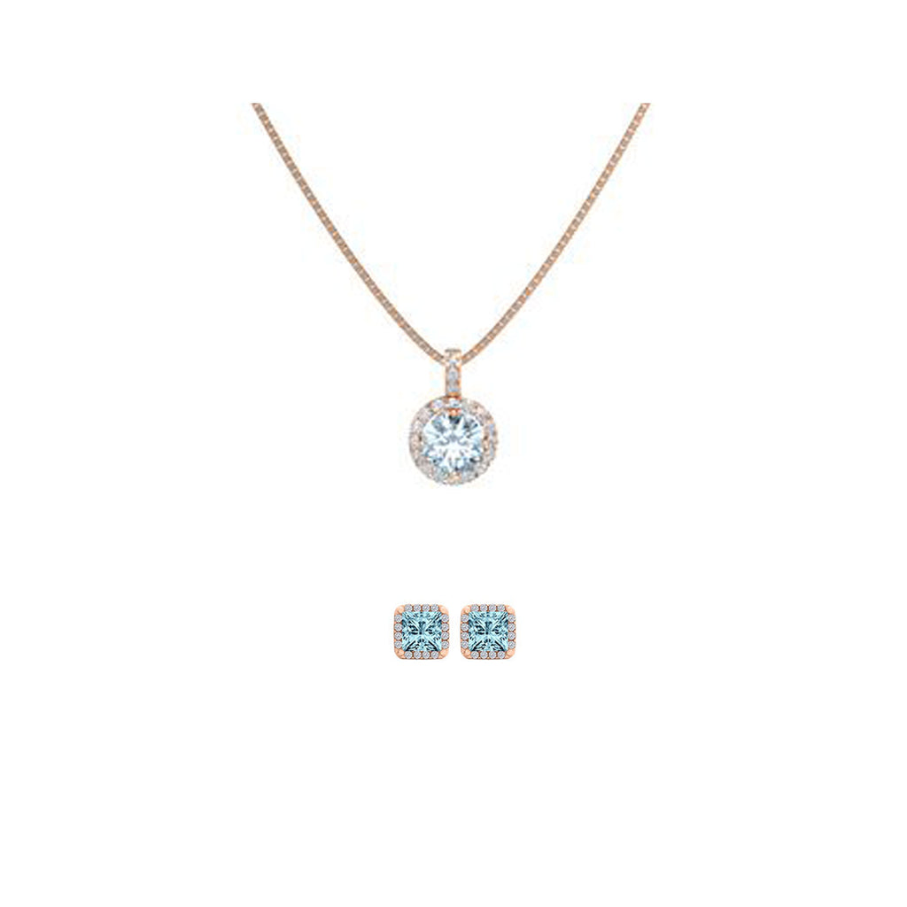 18K Rose Gold 1/2ct Halo Aquamarine Round 18 Inch Necklace and Halo Square Earrings Set Plated
