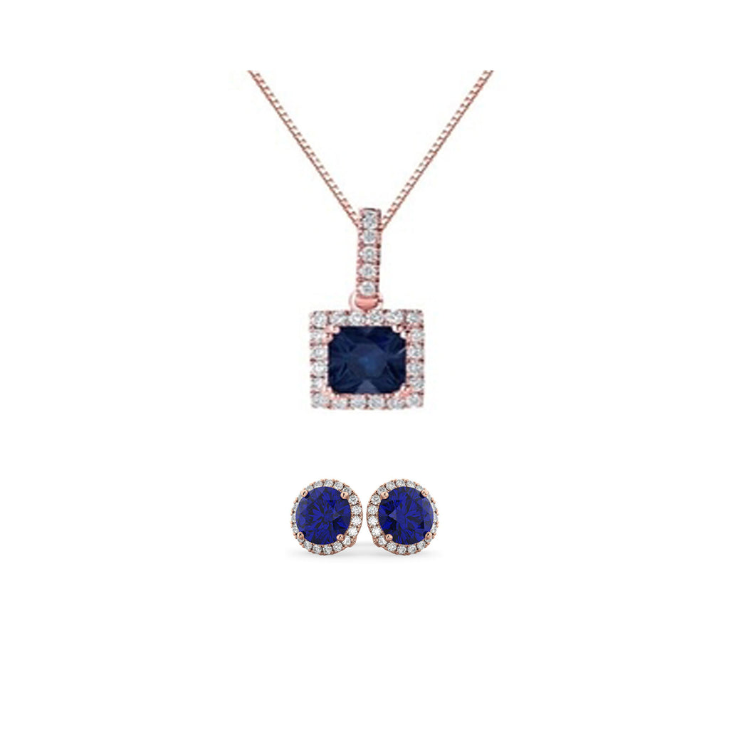 18K Rose Gold 1ct Halo Blue Sapphire Square 18 Inch Necklace and Halo Round Earrings Set Plated
