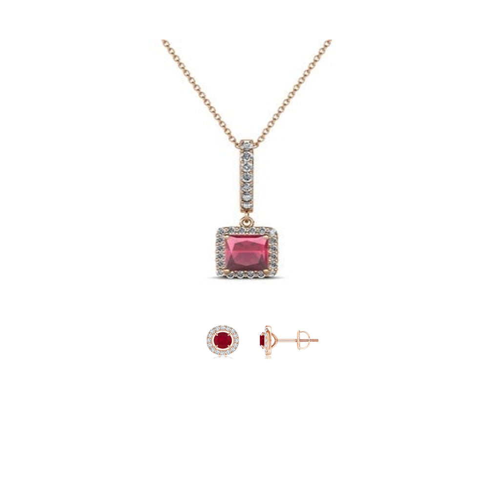18K Rose Gold 4ct Halo Ruby Square 18 Inch Necklace and Halo Round Earrings Set Plated