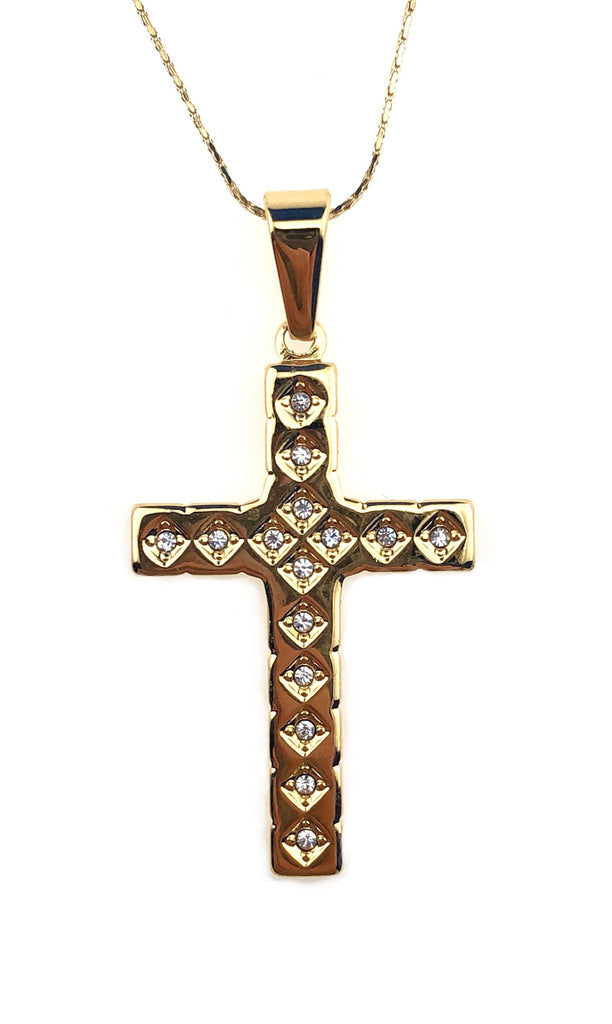 18K Yellow Gold 4 ct Created Diamond Cross Stud Necklace Plated 18 inch
