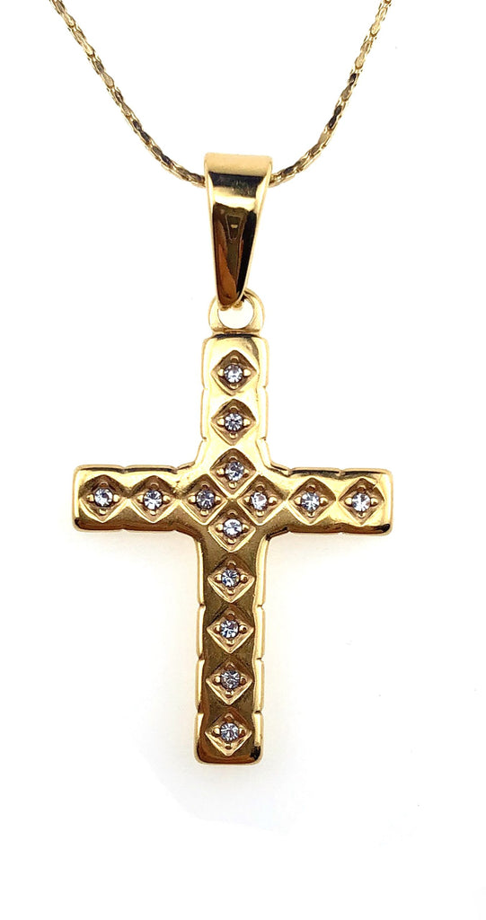 24K Yellow Gold 1 ct Created Diamond CZ Cross Stud Necklace Plated 18 inch