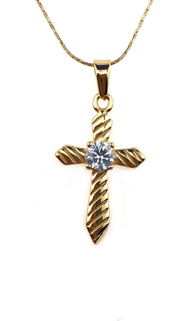 24K Yellow Gold 3 ct Created Diamond Cross Stud Necklace Plated 18 inch