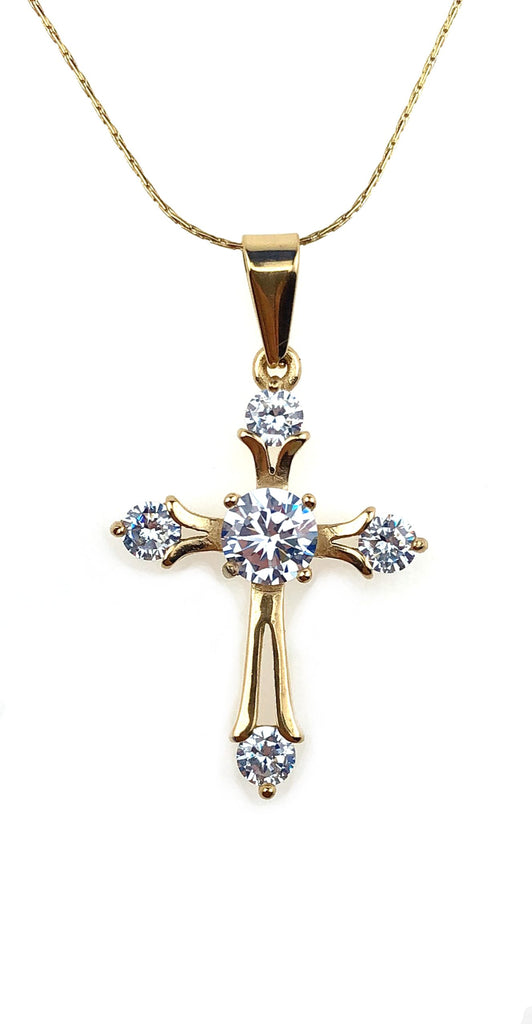 24K Yellow Gold 4 ct Created Diamond Cross Stud Necklace Plated 18 inch