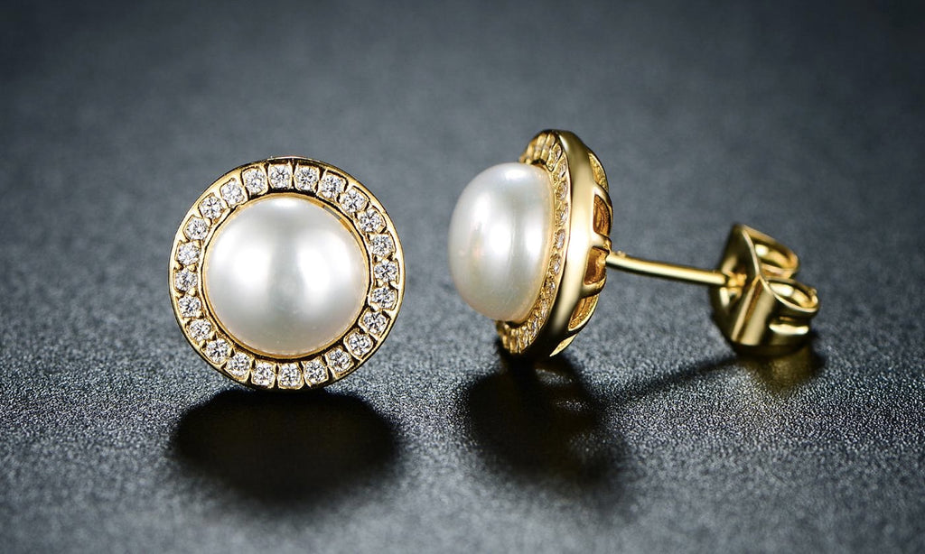24K Yellow Gold Plated White Freshwater Pearl Halo Round 3 CT Stud Earrings