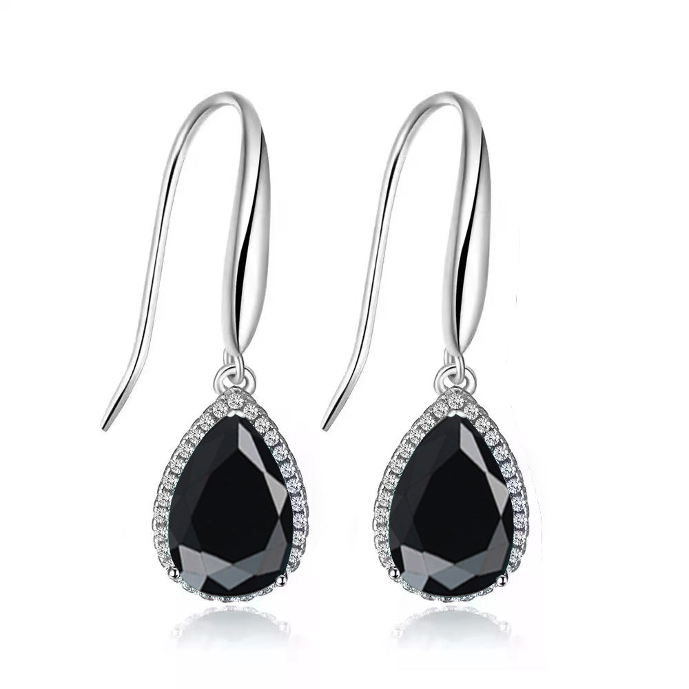 14k White Gold Plated 1/2 Ct Created Black Sapphire Teardrop Earrings