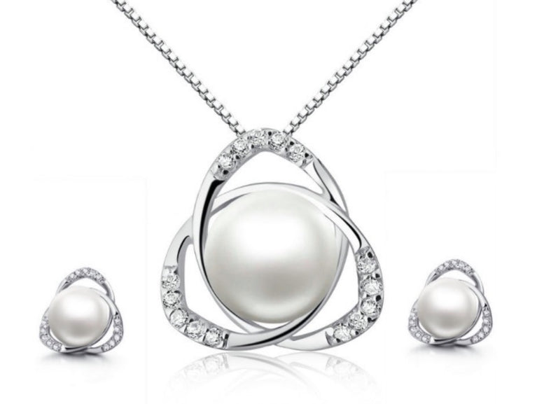 18K White Gold 4 ct Pearl Halo Round 18 Inch Necklace and Earrings Set Plated