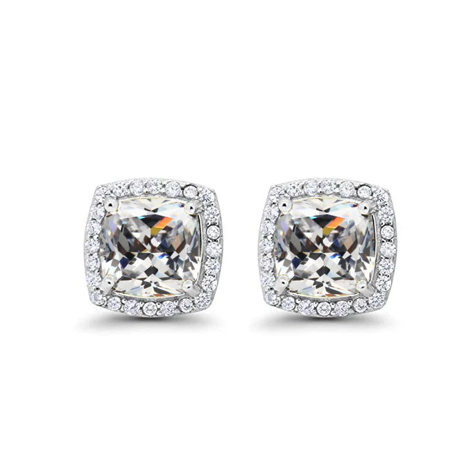 18k White Gold Plated 1/4 Ct Created Halo Princess Cut White Sapphire Stud Earrings 4mm
