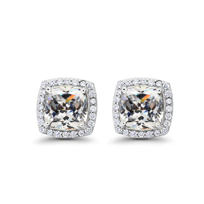 10k White Gold Plated 4 Ct Created Halo Princess Cut White Sapphire Stud Earrings