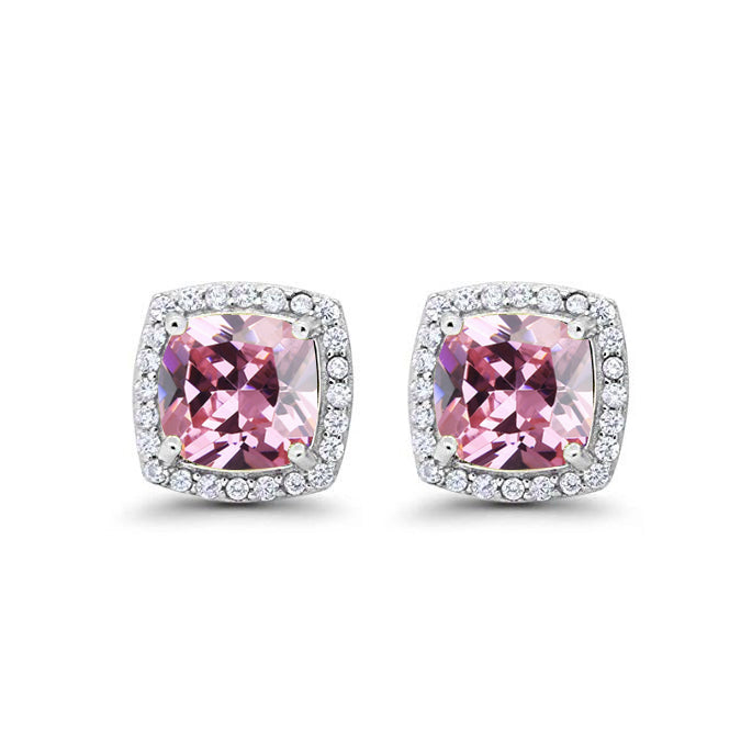 14k White Gold Plated 1/2 Ct Created Halo Princess Cut Pink Sapphire Stud Earrings