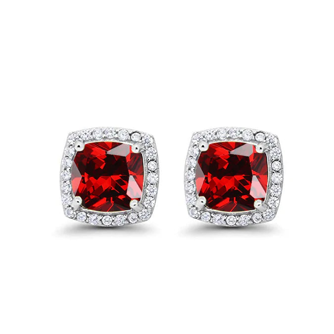 18k White Gold Plated 1/4 Ct Created Halo Princess Cut Garnet Stud Earrings 4mm