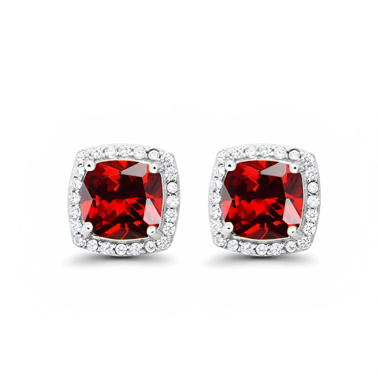 24k White Gold Plated 2 Ct Created Halo Princess Cut Garnet Stud Earrings