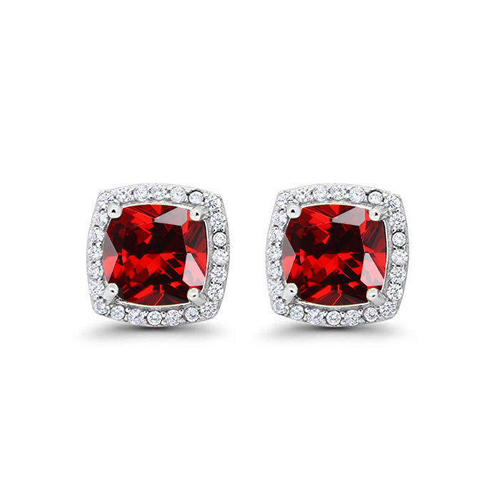 14k White Gold Plated 4 Ct Created Halo Princess Cut Garnet Stud Earrings