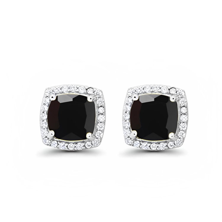 24k White Gold Plated 1 Ct Created Halo Princess Cut Black Sapphire Stud Earrings