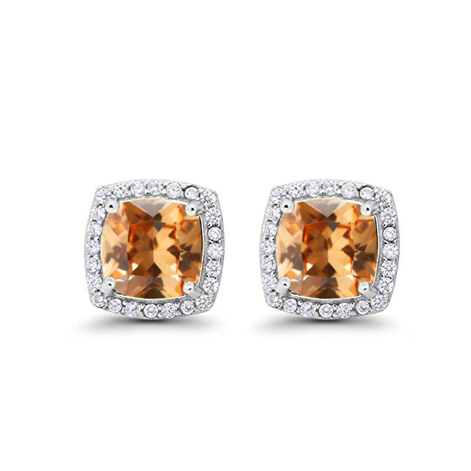 10k White Gold Plated 2 Ct Created Halo Princess Cut Citrine Stud Earrings