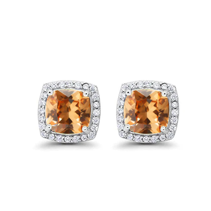 18k White Gold Plated 1/4 Ct Created Halo Princess Cut Citrine Stud Earrings 4mm