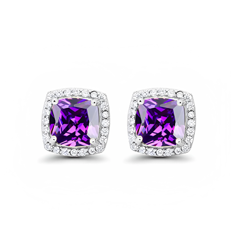24k White Gold Plated 1 Ct Created Halo Princess Cut Amethyst Stud Earrings