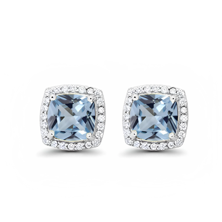 24k White Gold Plated 2 Ct Created Halo Princess Cut Aquamarine Stud Earrings