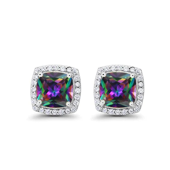 18k White Gold Plated 1/4 Ct Created Halo Princess Cut Mystic Topaz Stud Earrings 4mm