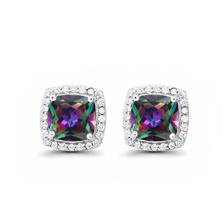 24k White Gold Plated 2 Ct Created Halo Princess Cut Mystic Topaz Stud Earrings