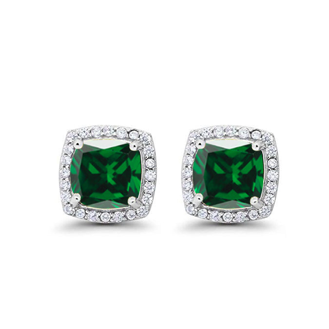 10k White Gold Plated 2 Ct Created Halo Princess Cut Emerald Stud Earrings