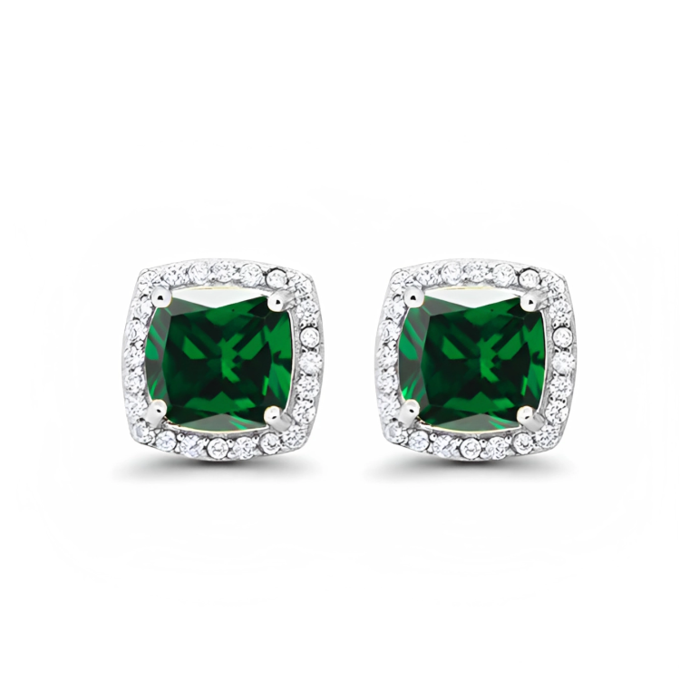 24k White Gold Plated 1 Ct Created Halo Princess Cut Emerald Stud Earrings