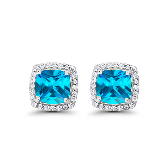 18k White Gold Plated 1/4 Ct Created Halo Princess Cut Blue Topaz Stud Earrings 4mm