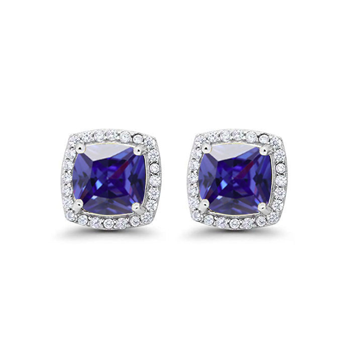 14k White Gold Plated 1 Ct Created Halo Princess Cut Blue Sapphire Stud Earrings