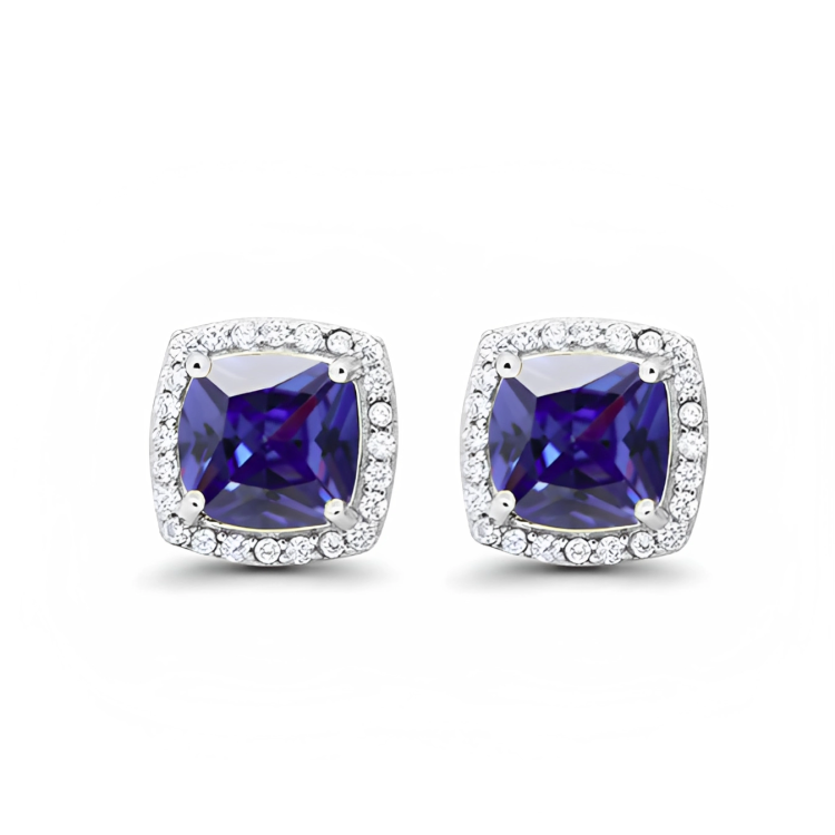 24k White Gold Plated 4 Ct Created Halo Princess Cut Blue Sapphire Stud Earrings