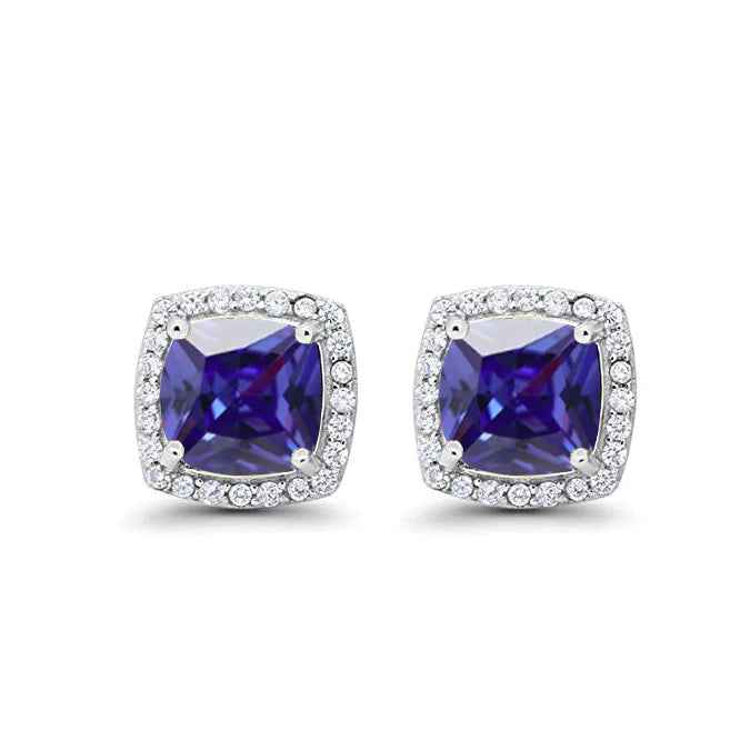 18k White Gold Plated 1/4 Ct Created Halo Princess Cut Blue Sapphire Stud Earrings 4mm