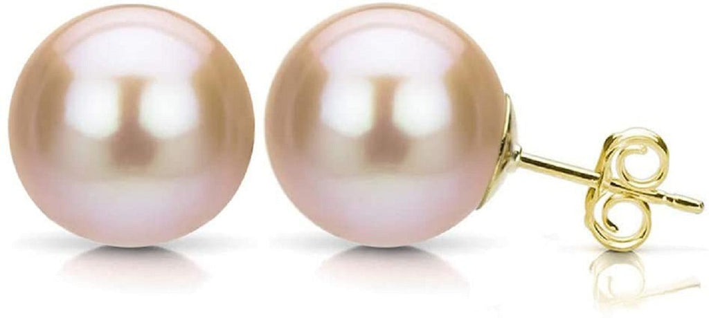 18K Yellow Gold 6mm Pink Pearl Round Stud Earrings Plated
