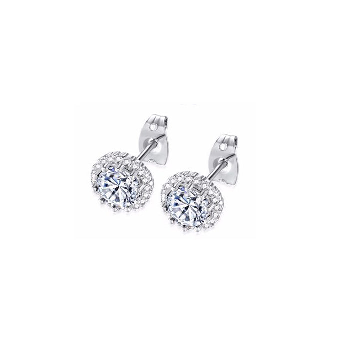 10k White Gold Plated 4 Ct Created Halo Round White Sapphire Stud Earrings