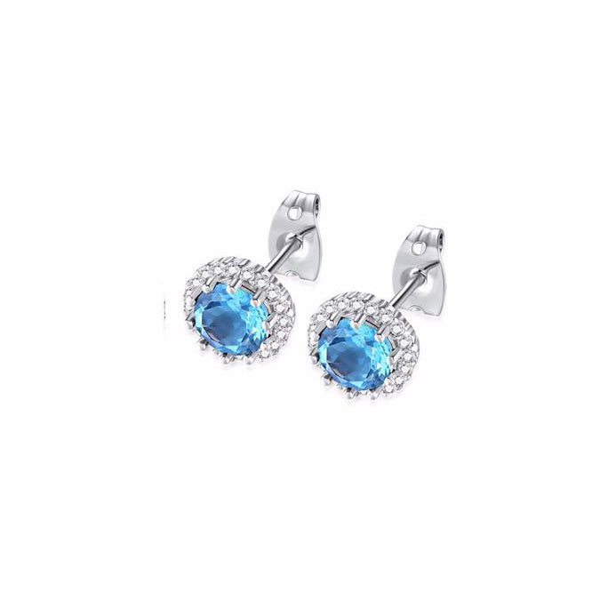 10k White Gold Plated 3 Ct Created Halo Round Blue Topaz Stud Earrings