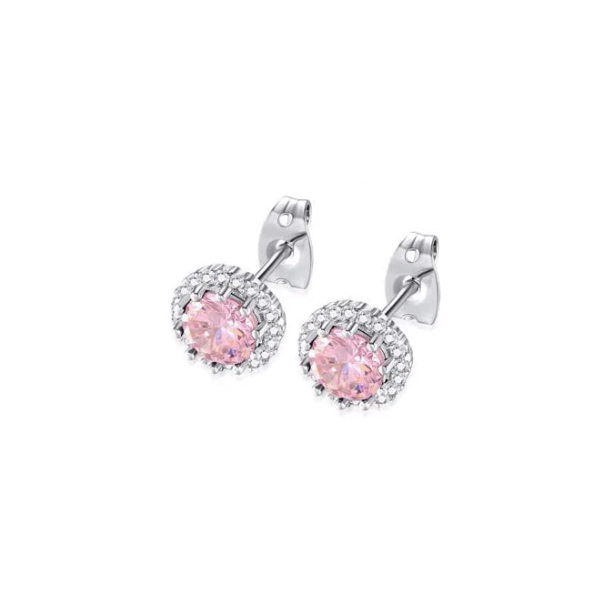 18k White Gold Plated 1/4 Carat Created Halo Round Pink Sapphire Stud Earrings 4mm