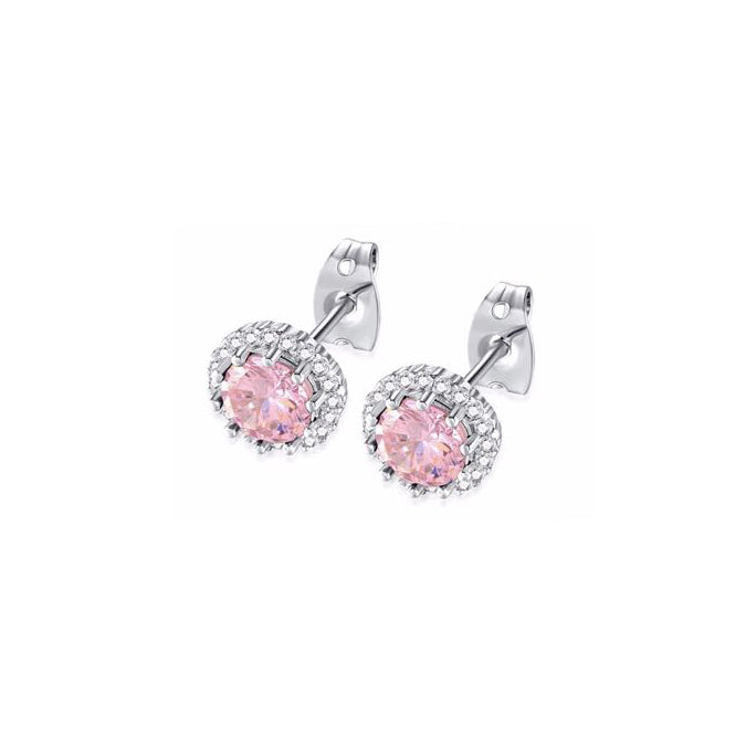10k White Gold Plated 3 Ct Created Halo Round Pink Sapphire Stud Earrings